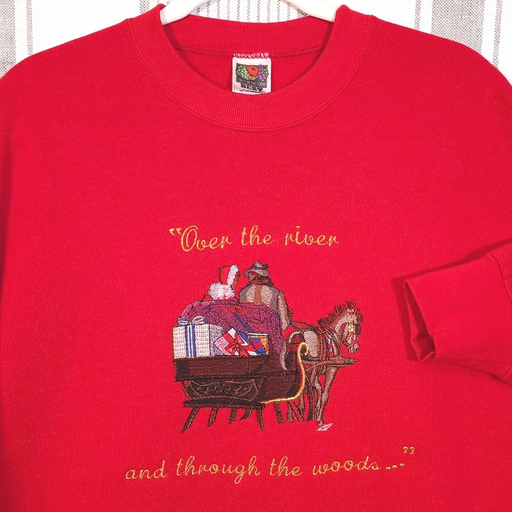 VTG Fruit of the Loom‎ Xmas Sweatshirt Large 90s Embroidered Christmas Sweater